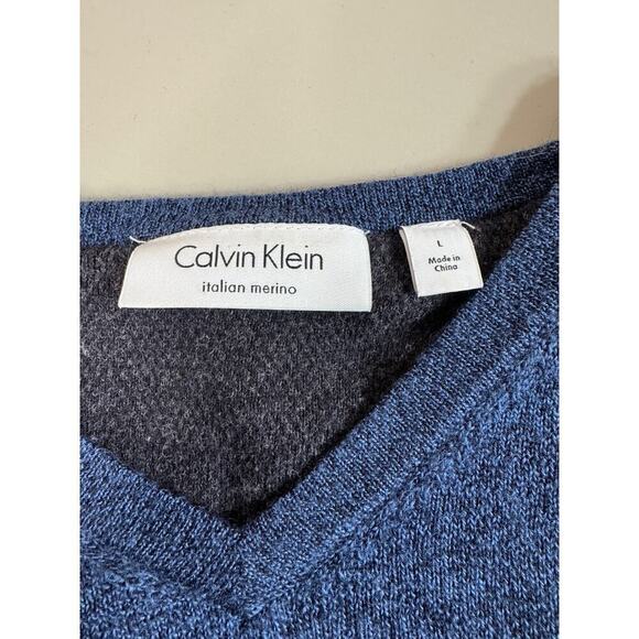 Calvin Klein Italian Merino Sweater Heathered Blue Mens Large V Neck Classic - Picture 2 of 13